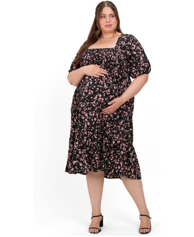 Plus Size Cream Floral Smocked Midi Dress