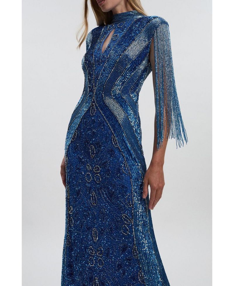 Women's Tassel Sleeve High Neck Maxi Dress