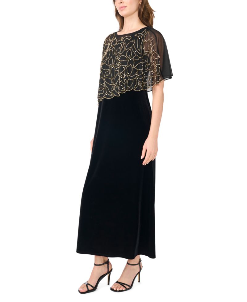 Women's Faraj Velvet Beaded-Cape Maxi Dress