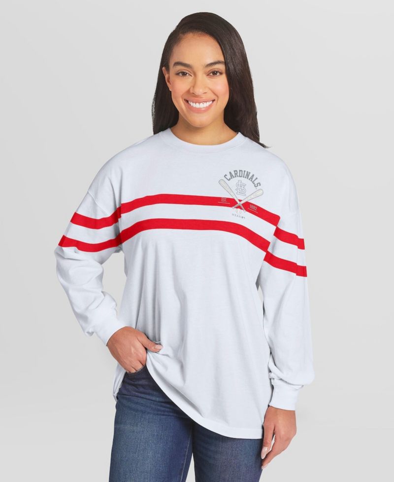 Women's White St. Louis Cardinals Oversized Long Sleeve Striped T-Shirt