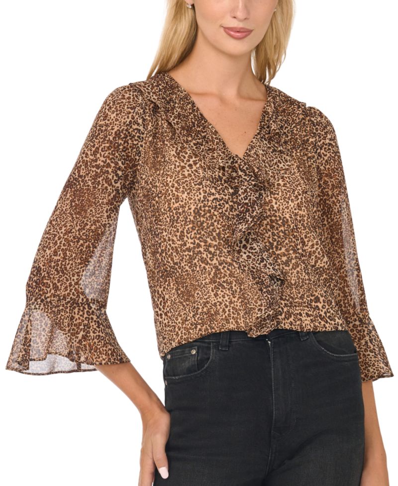 Women's Ruffled Long-Sleeve V-Neck Blouse