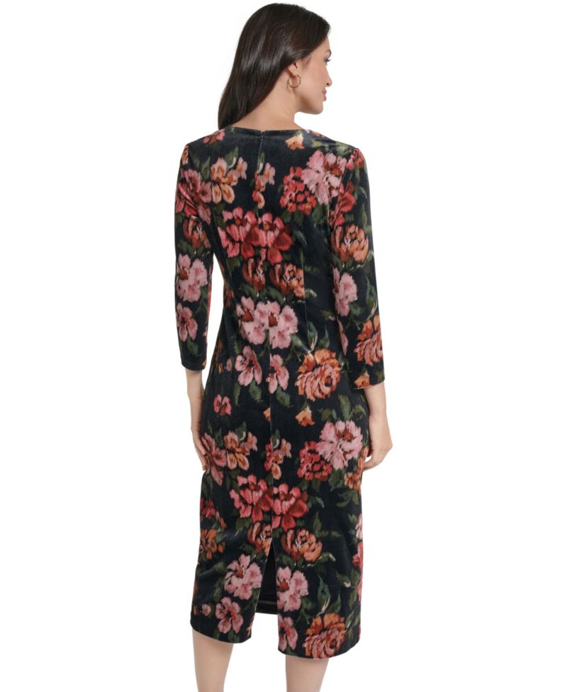 Petite Floral-Print Velvet Midi Dress