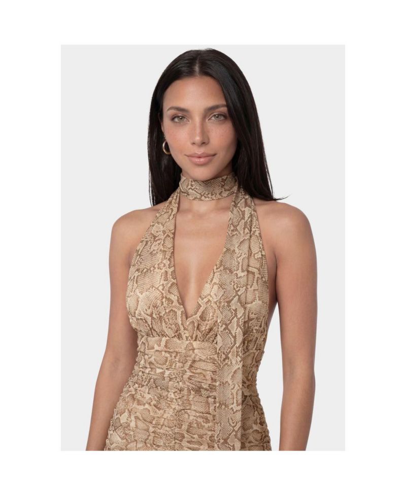 Women's Halter Ruched Snake-Print Maxi Dress