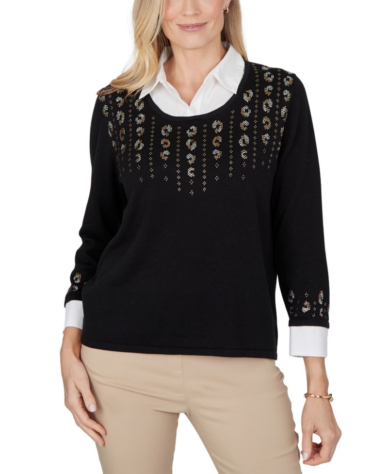 Petite Crewneck 3/4-Sleeve Cotton-Blend Sweater