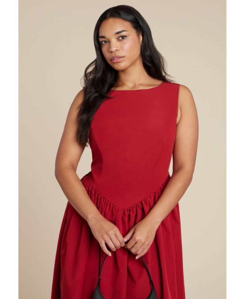 Plus Size Boat-Neck Fit-and-Flare Taffeta Midi Dress
