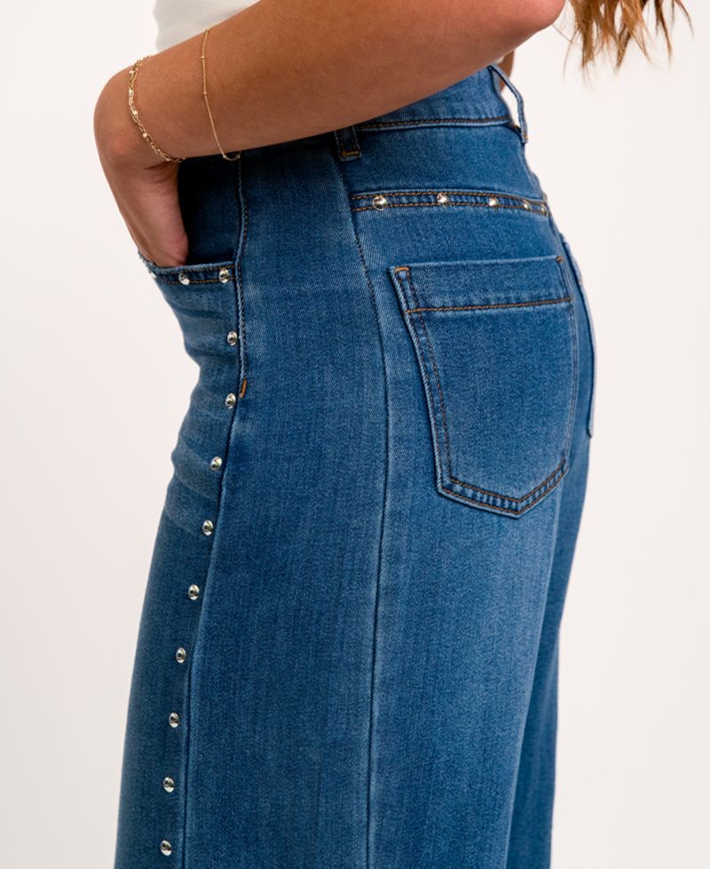 Juniors' High-Waisted Wide-Leg Studded Jeans
