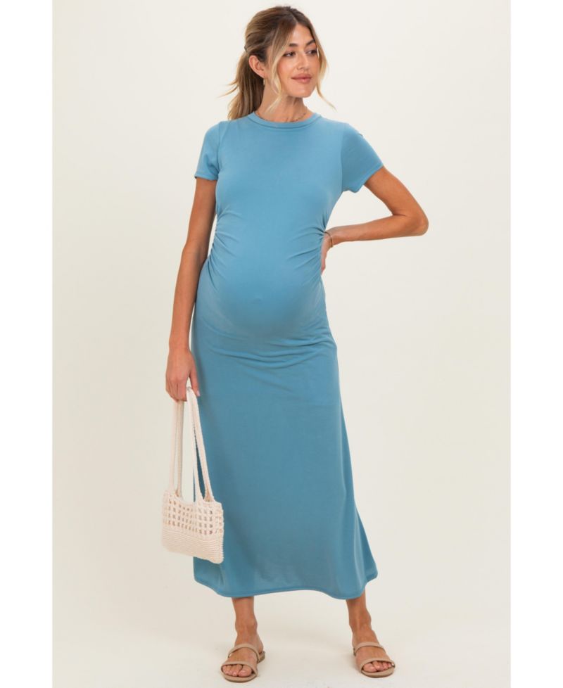 Women's Blue Short Sleeve Ruched Midi Dress