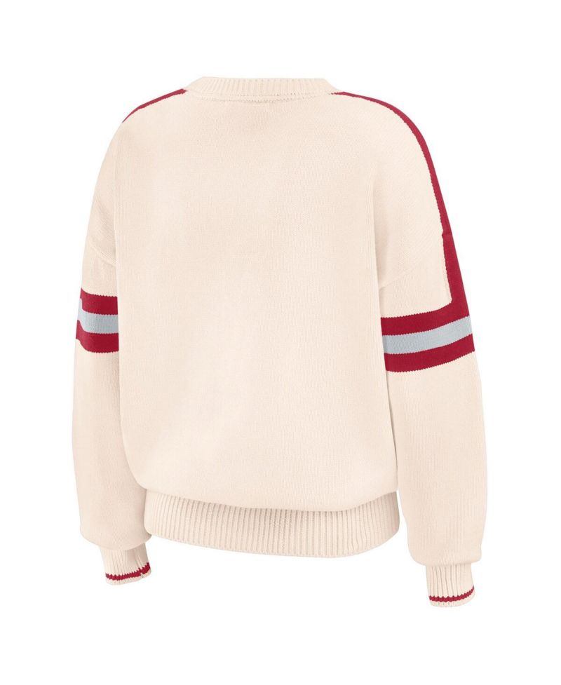 Women's Cream Alabama Crimson Tide Chenille Woven Patch Stripe Pullover Sweater