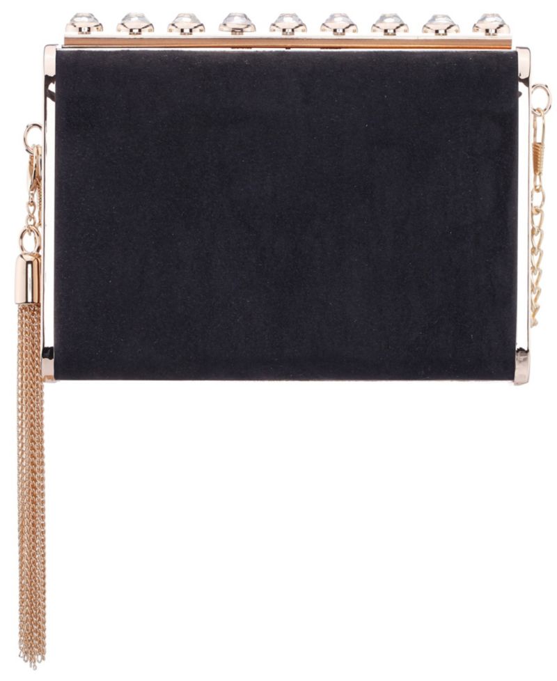 Crystal Ornamented Minaudiere Tassel Lift Lock Clutch