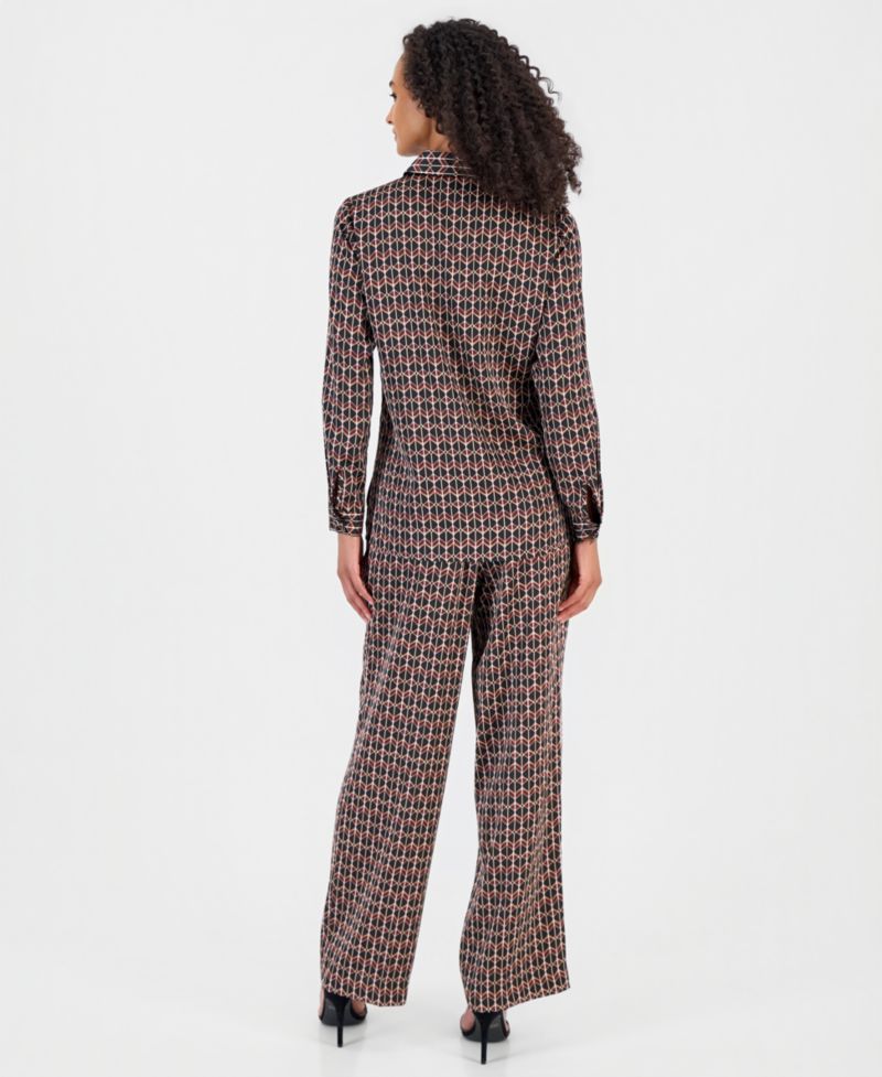 Women's Collared Button-Front Blouse & High-Rise Pull-On Wide-Leg Pants