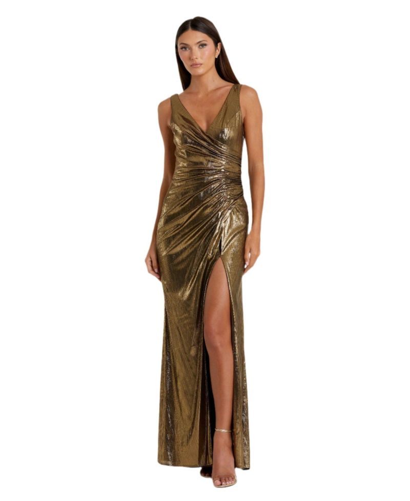 Women's Metallic Ruched Detail Front Slip V Neck Gown