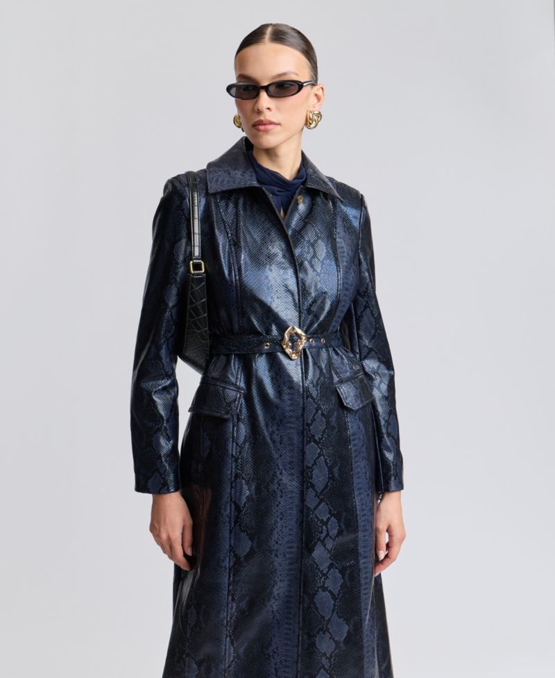 Women's Center Front Belted Python-Print Faux Leather Trench Coat
