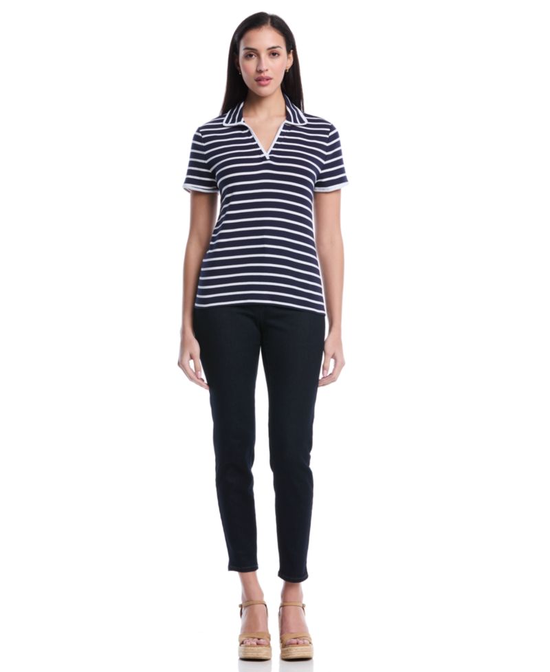 Petite Striped Contrast Trim Johnny Collar Short-Sleeve Polo Shirt