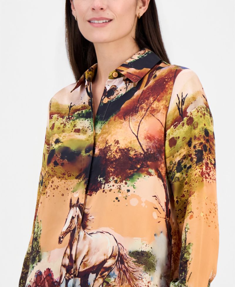 Women's Printed Long-Sleeve Button-Down Blouse