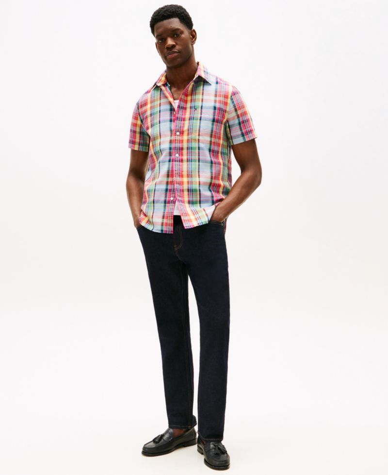 Men's Linen Madras Plaid Short-Sleeve Shirt