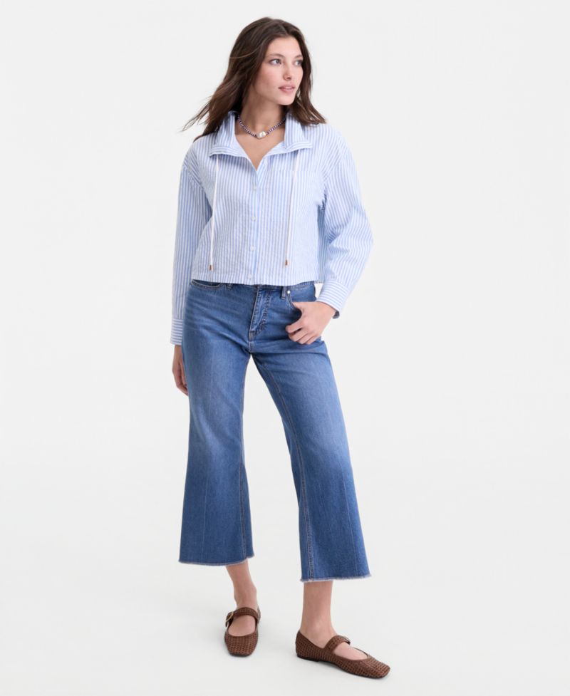 Women's Cropped Drawstring Button-Front Shirt