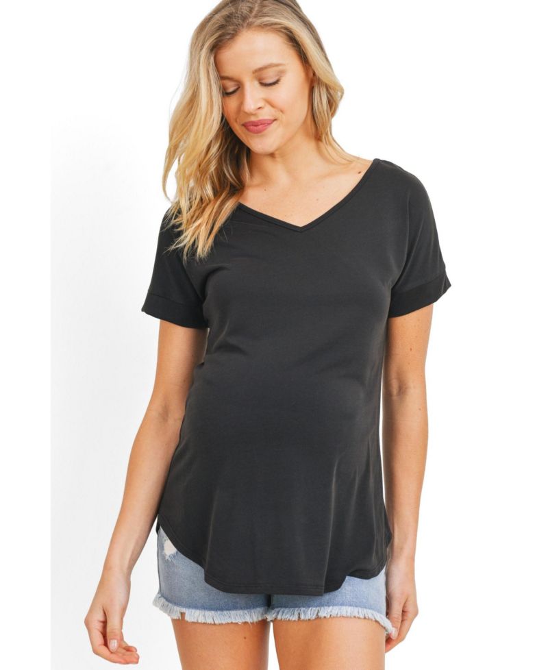 Maternity Short Sleeve V Neck Top with Back Strap Detail