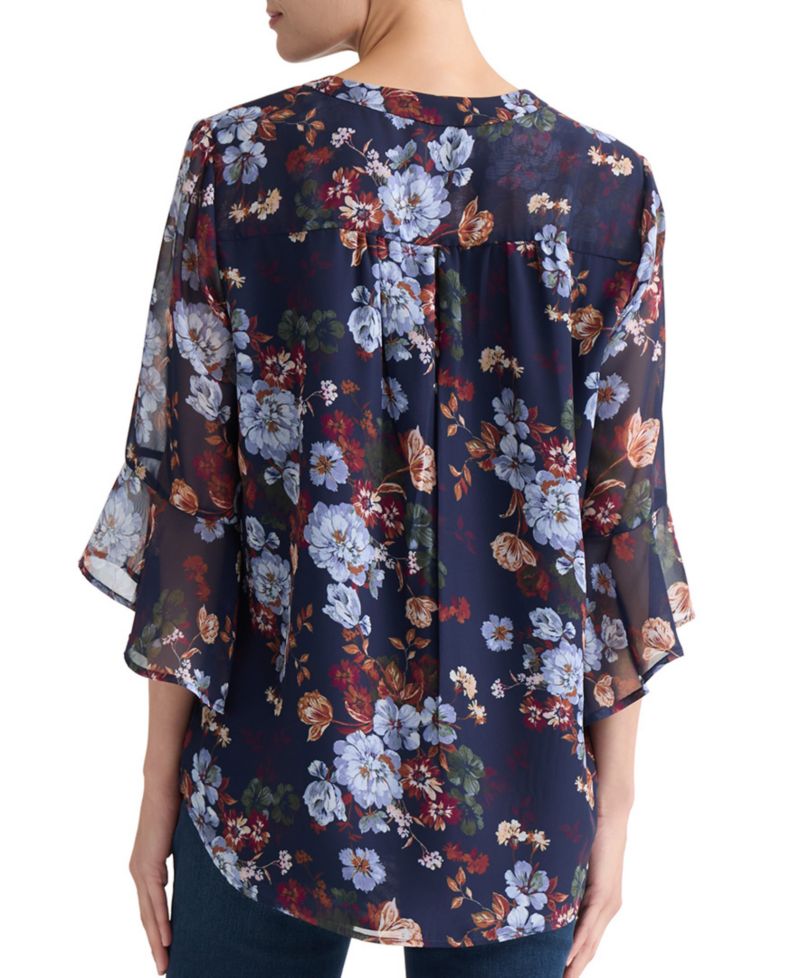 Petite V-Neck Printed-Flutter-Sleeve Top