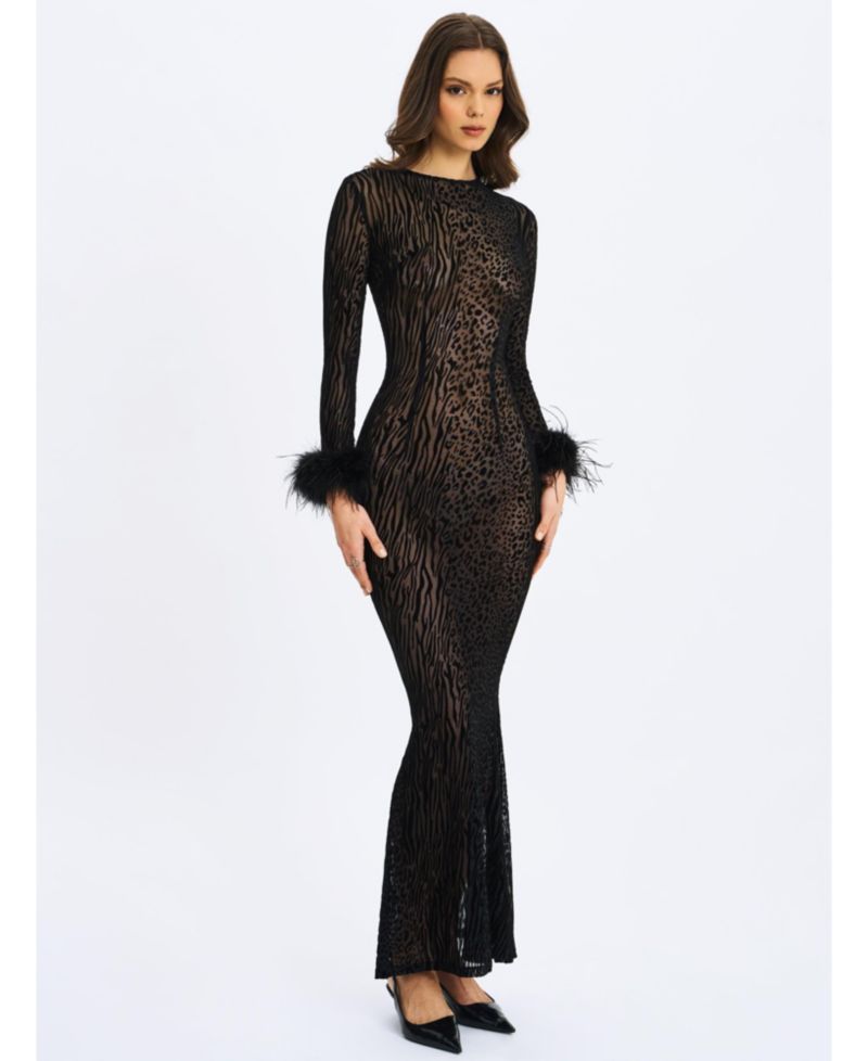 Women's Patricia Black Leopard Burnout Velvet Mesh Backless Maxi Dress