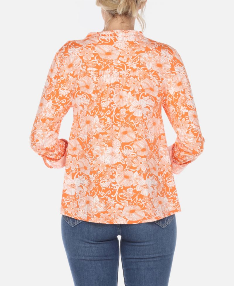 Plus Size Pleated Long Sleeve Floral Print Blouse