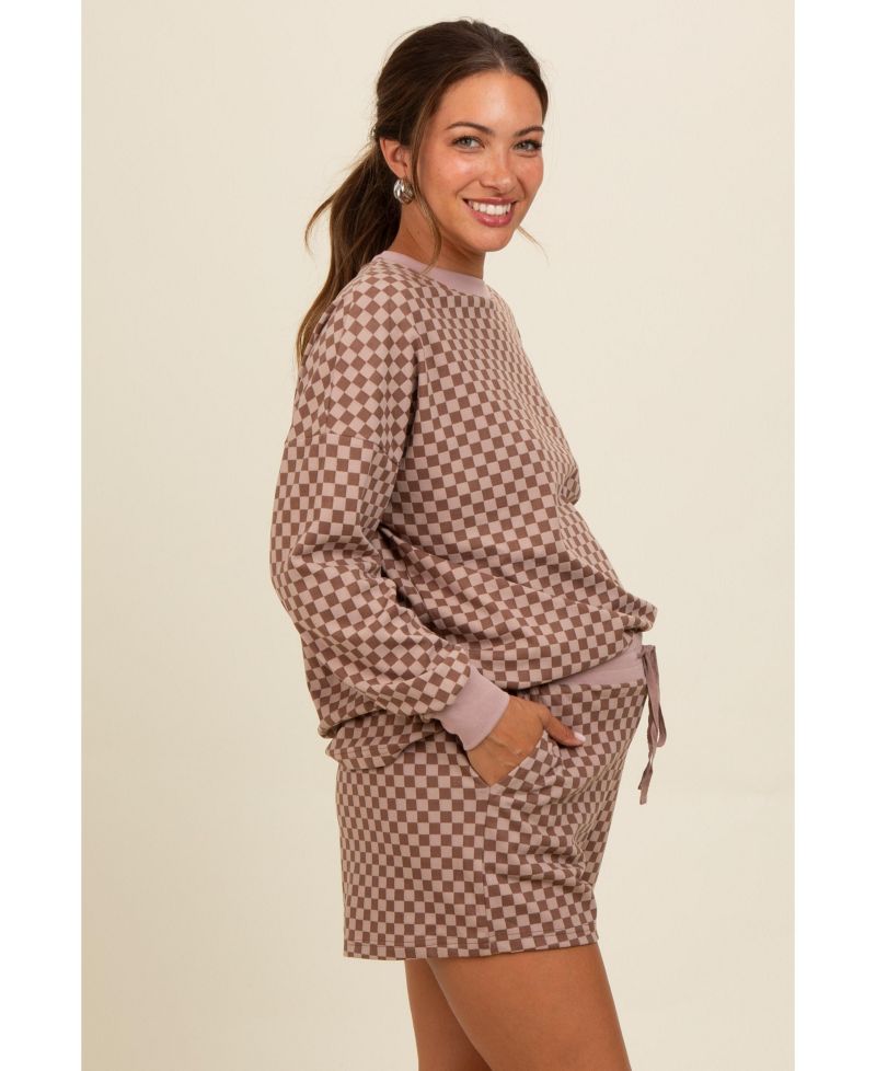 Women's Mocha Checkered Plaid Pullover Shorts Set