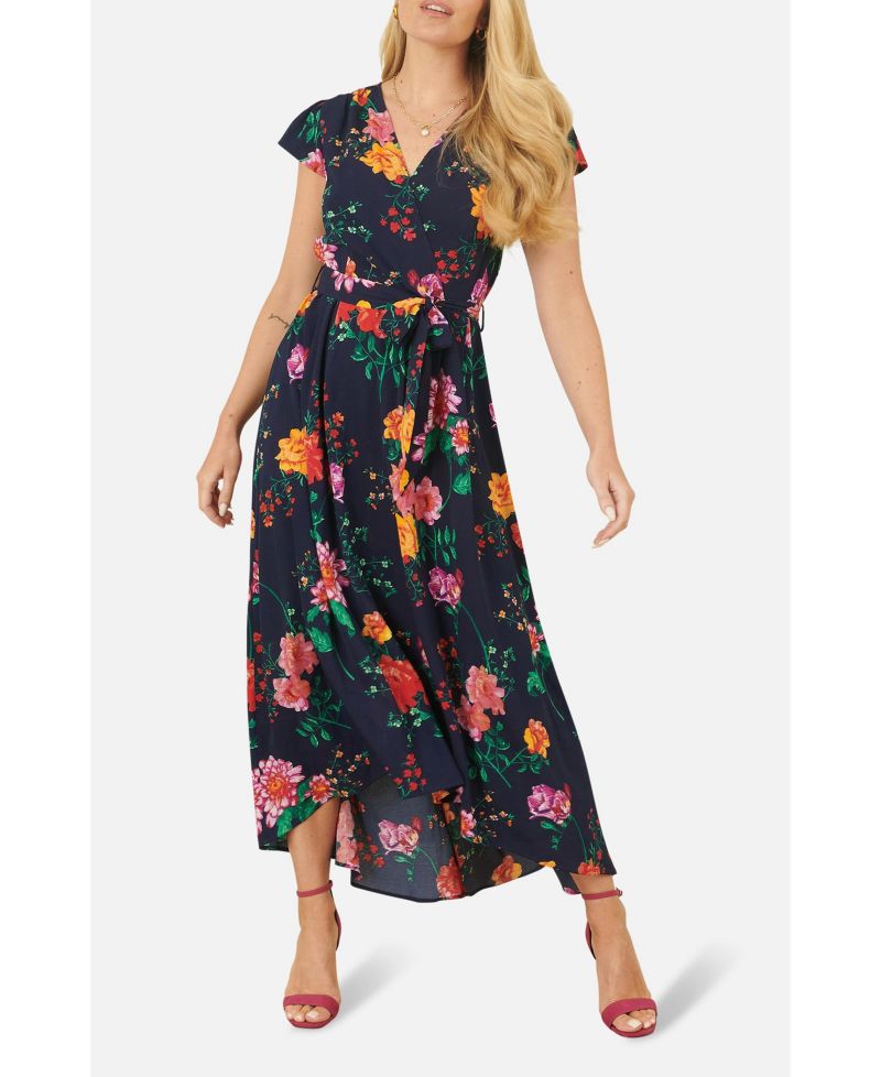 Women's Flower Print Wrap Midi Dress