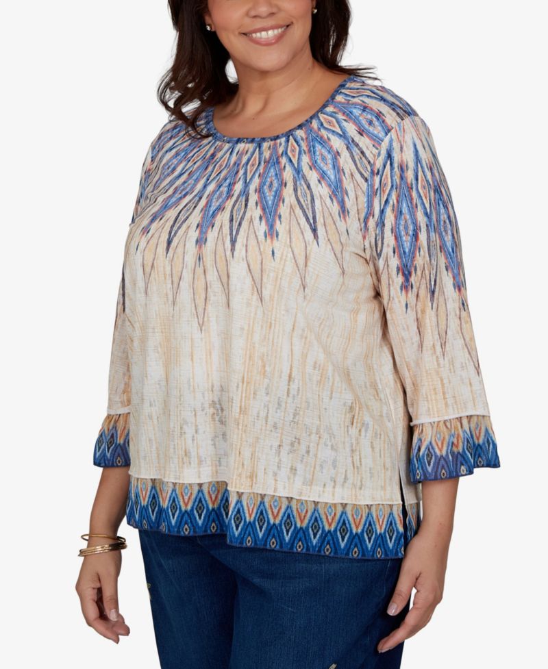 Plus Size Ikat-Print Scoop-Neck 3/4-Sleeve Blouse