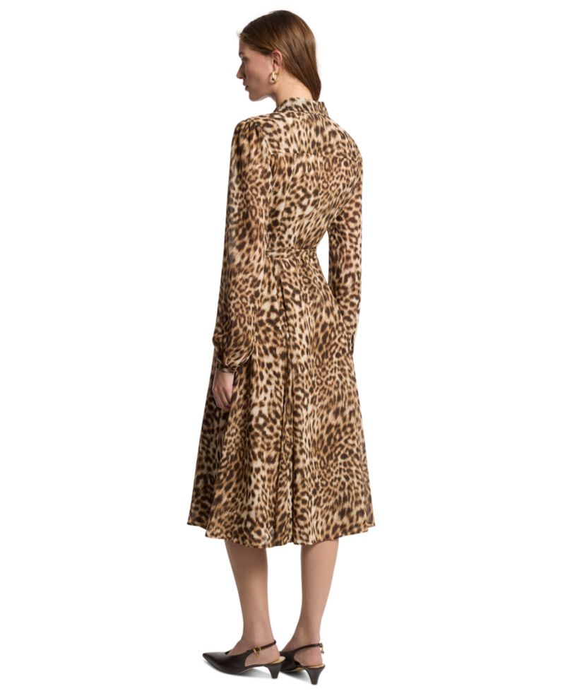 Women's Leopard-Print Puffed-Sleeve Fit & Flare Midi Shirt Dress