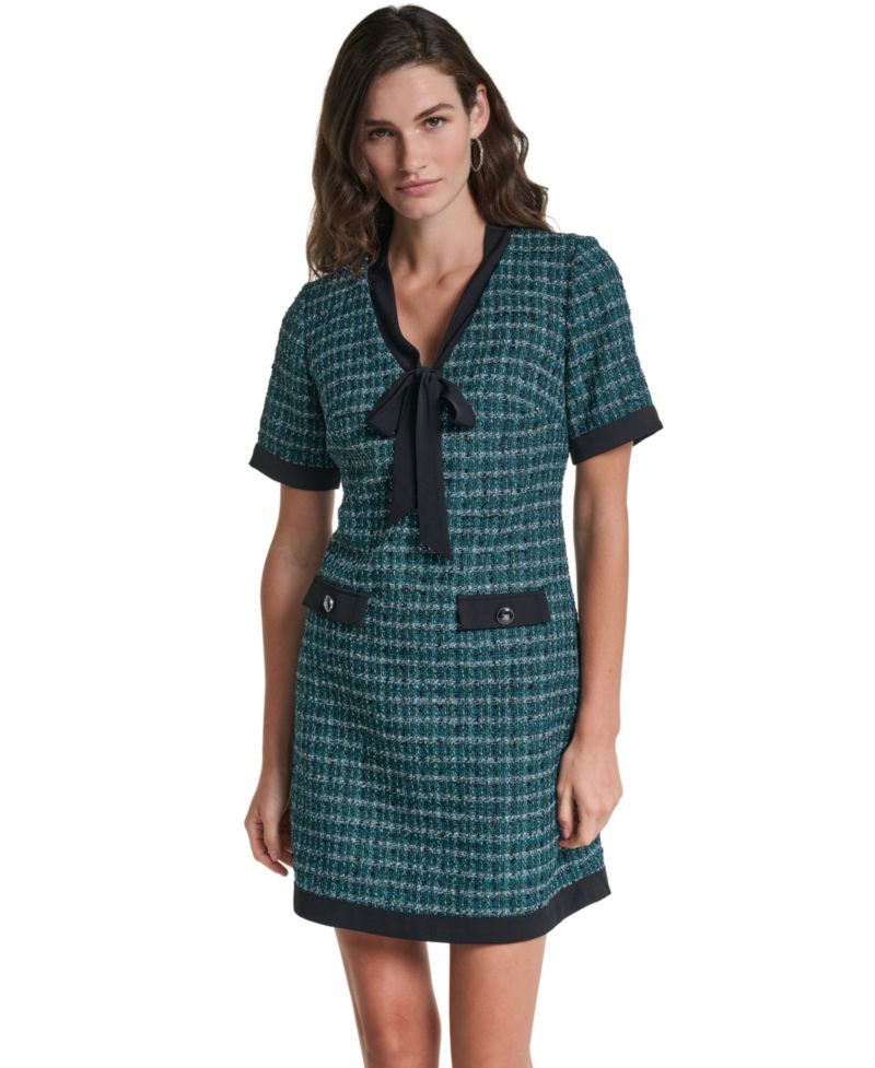 Women's Tweed A-Line With Neck Tie Plaid Short-Sleeve Dress