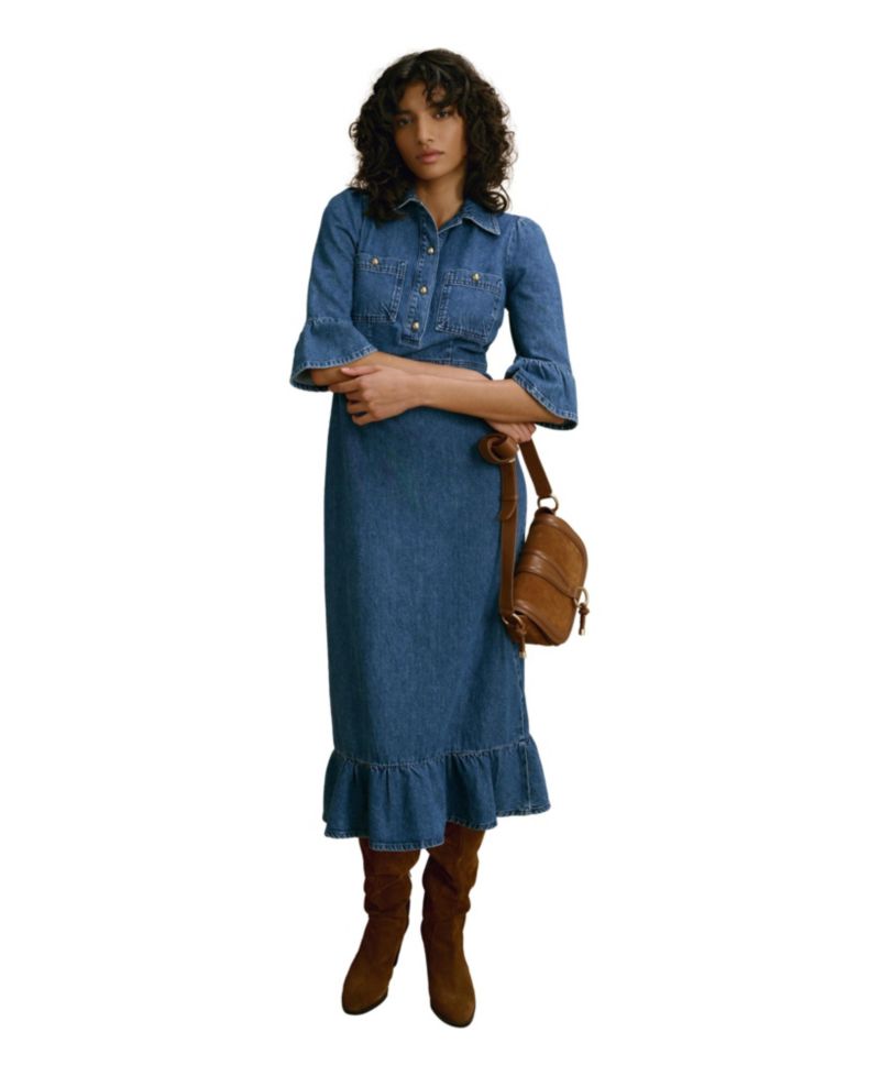 Women's Denim Ruffle-Hem Midi Shirt Dress