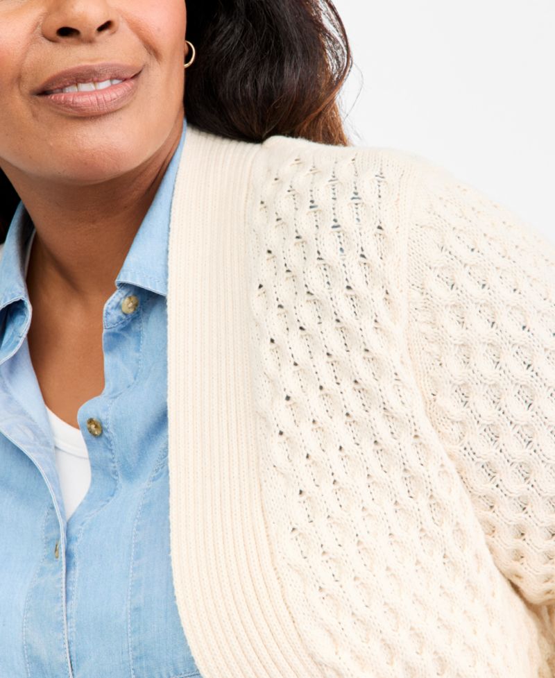 Petite Honeycomb-Knit Open-Front Long Cardigan