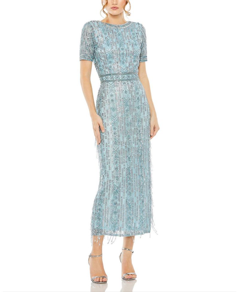 Women's High Neck Short Sleeve Crystal Fringe Column Dress