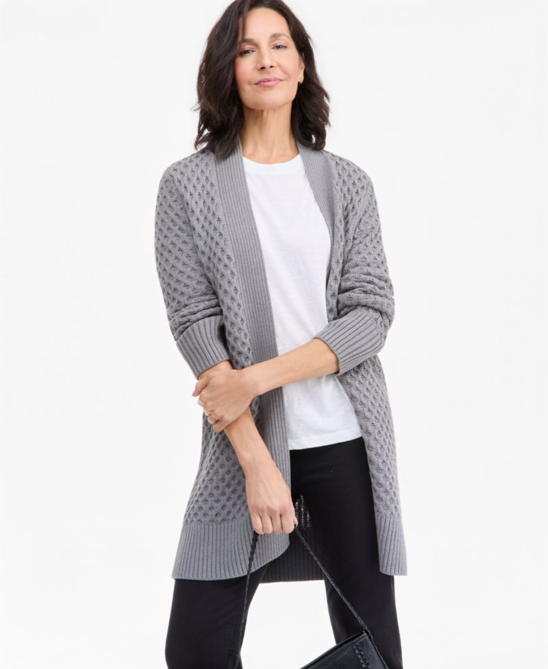 Petite Honeycomb-Knit Open-Front Long Cardigan