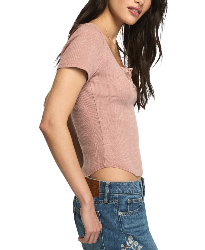 Women's Lace-Trim Short-Sleeve Henley T-Shirt