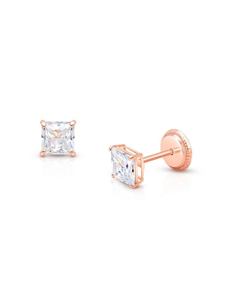 14K Gold Princess Cut Studs Screw Back Earrings