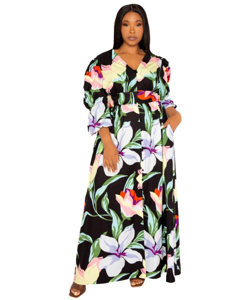 Plus Size Floral Puff Sleeve Maxi Dress