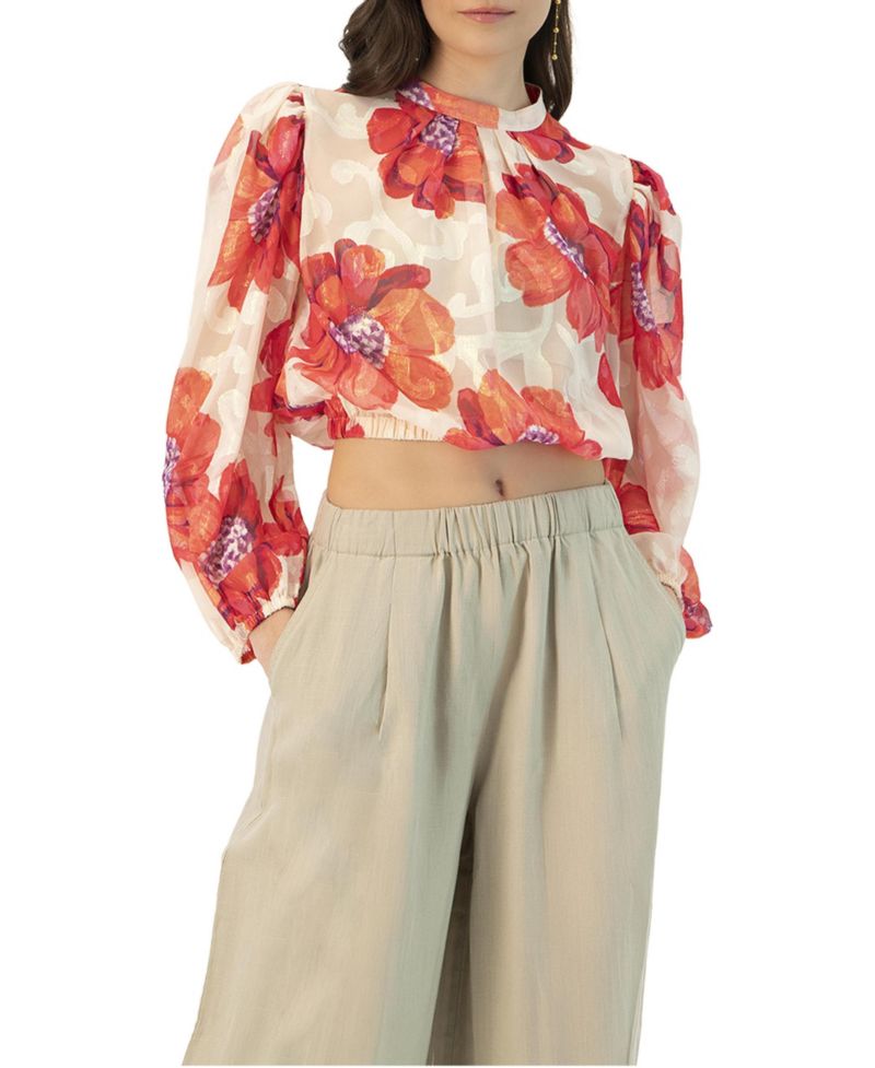 Women's Shimmering Printed Blouse with Pleated Round Neck