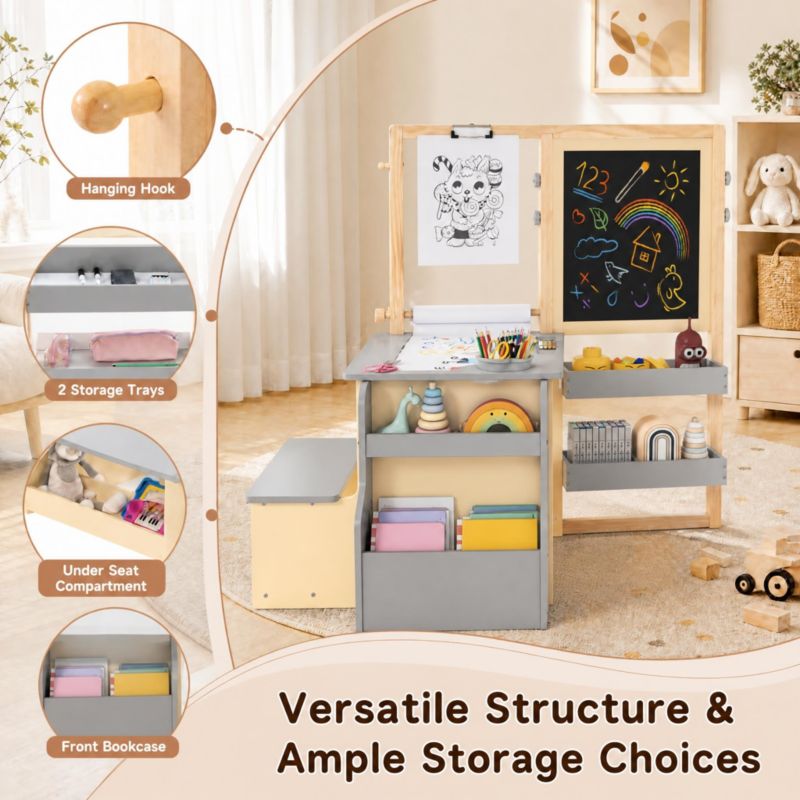Ages 3+ Double-Sided Adjustable Storage Kids Art Center Wooden Table Bench Set