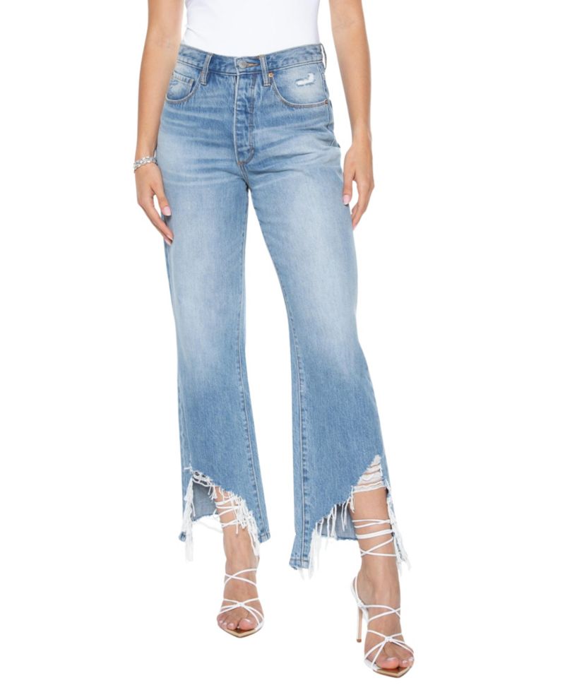Women's Athens High Waisted Straight Leg Frayed Hem 100% Cotton Jeans