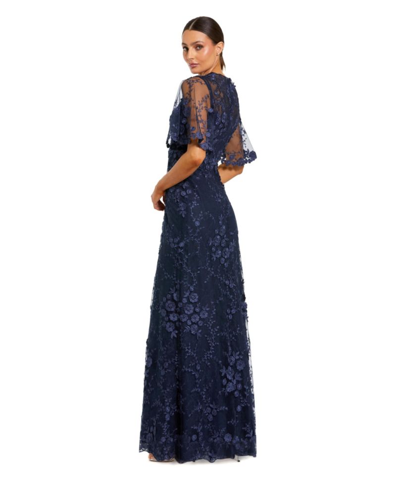 Petite Flutter Sleeve Floral Embroidered Net Gown