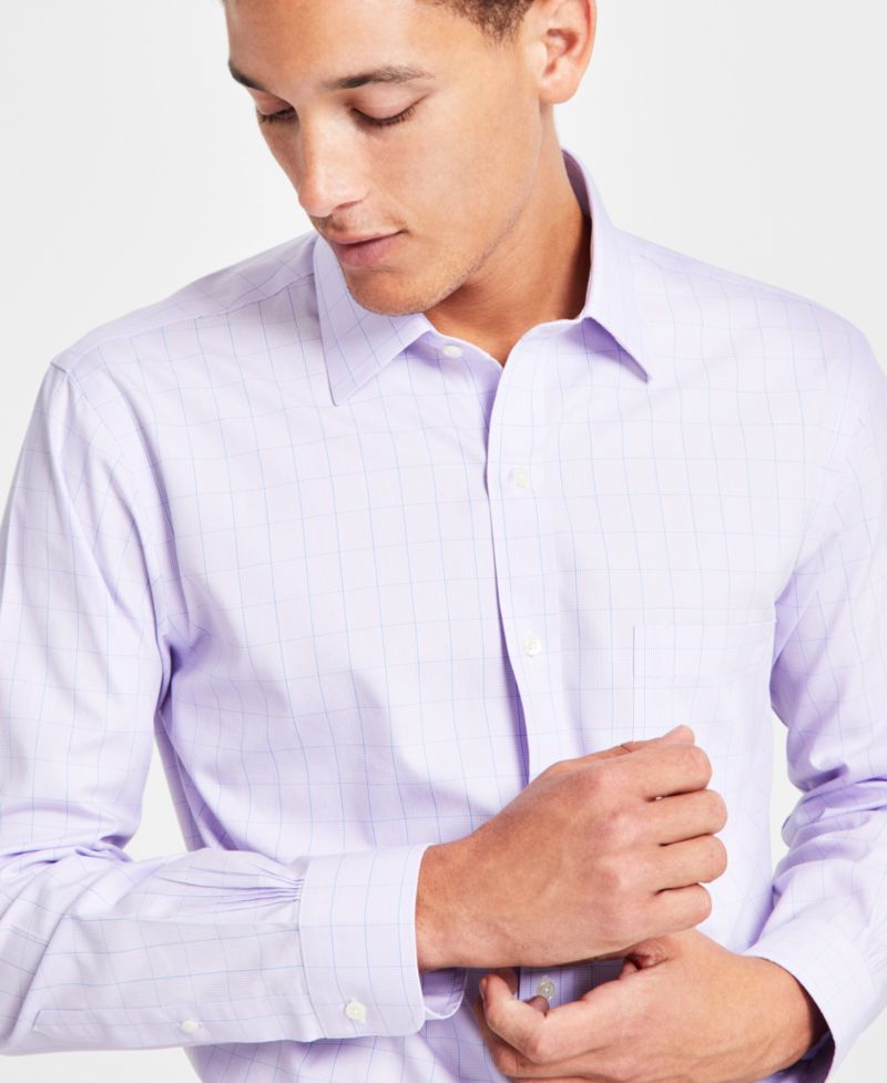 Men’s Regular Fit Non-Iron Spread Collar Check Pinpoint Dress Shirt
