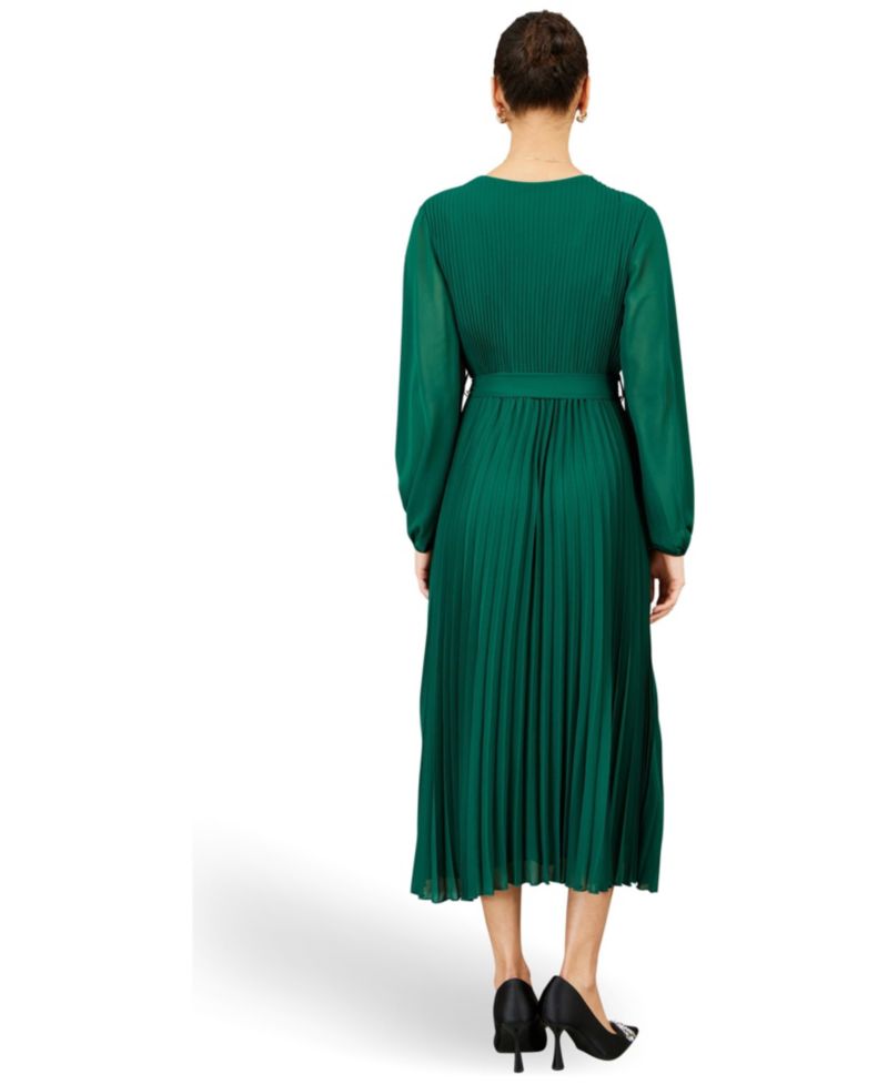 Women's Long-Sleeve V-Neck Pleated Wrap Midi Dress