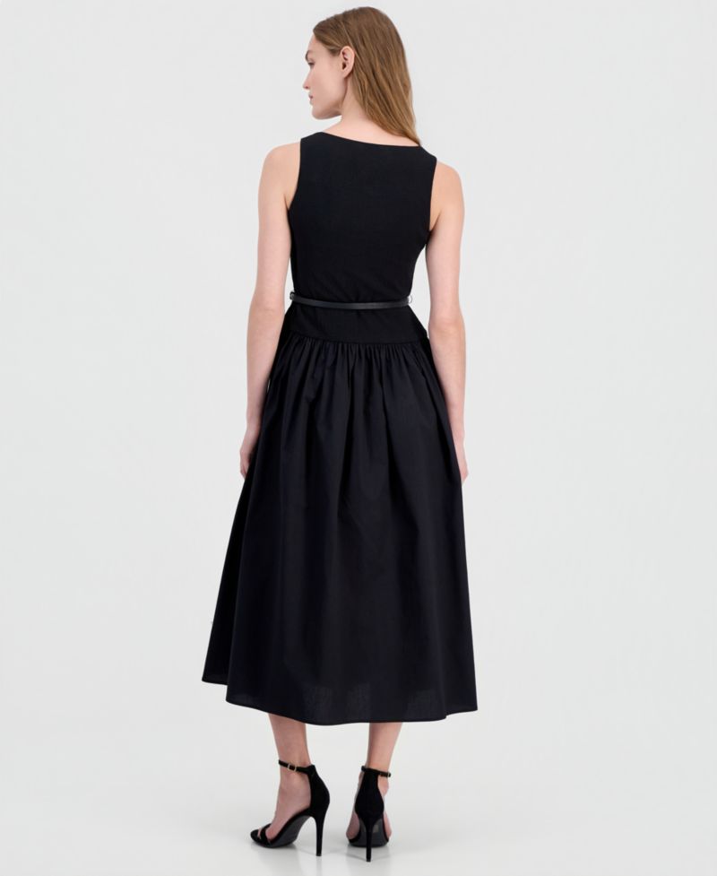 Petite Dropped-Waist Scoop-Neck Belted Dress