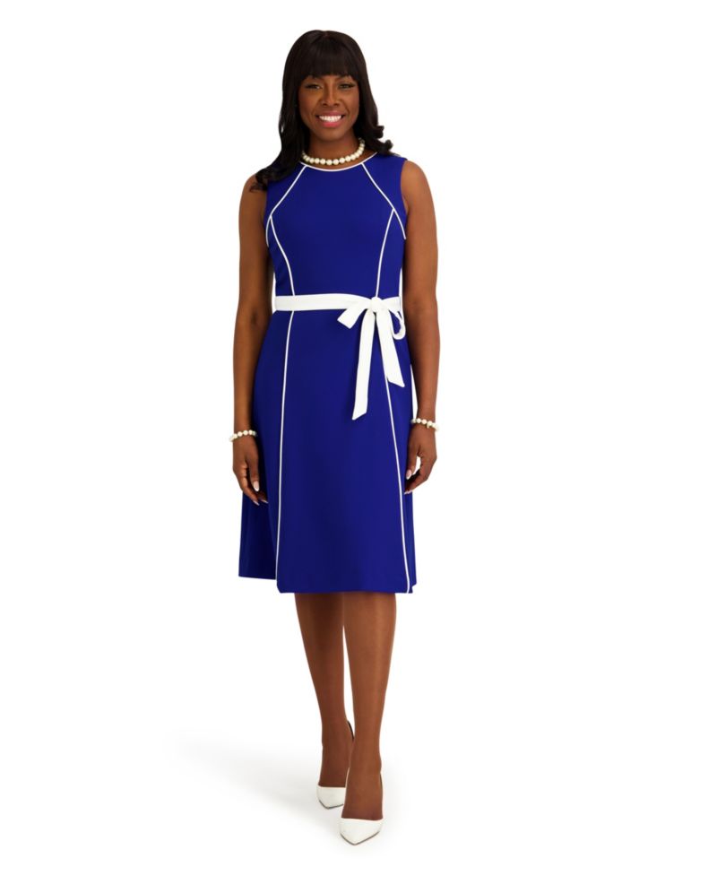 Women's Contrast Seam with Sash Crewneck Midi Dress