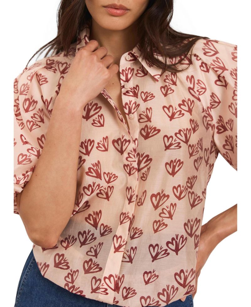 Women's Heart-Print Puff-Sleeve Blouse