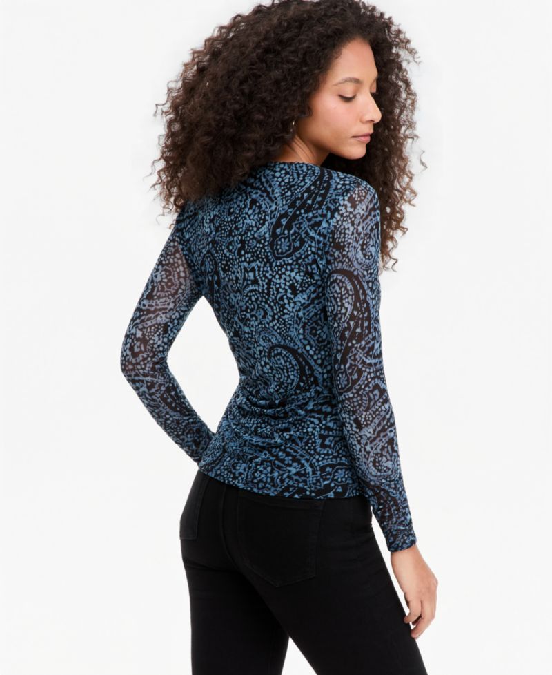Women's Ruched Mesh Long-Sleeve Crewneck T-Shirt