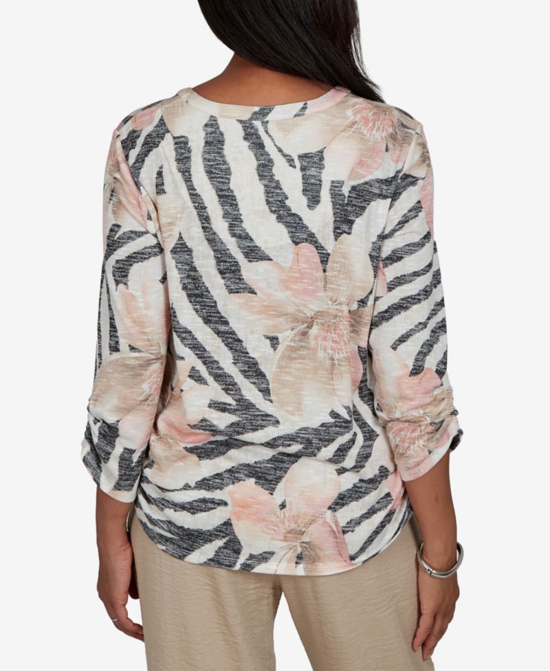 Petite Travel Advisory Animal-Floral Print 3/4-Sleeve Henley Top
