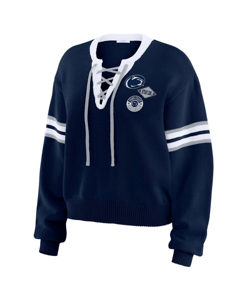 Women's Navy Penn State Nittany Lions Lace-Up Pullover Sweater