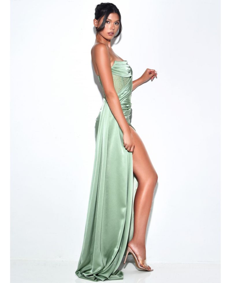 Women Holly Basil Crystallized Corset High Slit Satin Gown