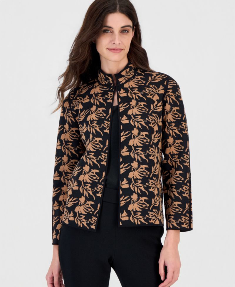 petite Open-Front Floral Cardigan